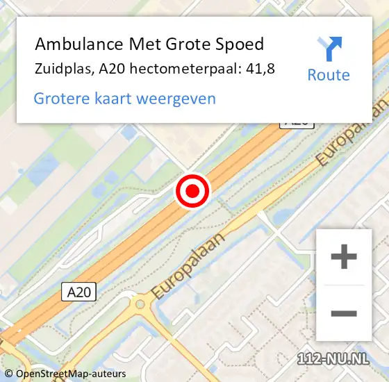 Locatie op kaart van de 112 melding: Ambulance Met Grote Spoed Naar Zuidplas, A20 hectometerpaal: 41,8 op 27 oktober 2023 05:10