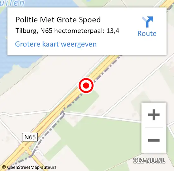 Locatie op kaart van de 112 melding: Politie Met Grote Spoed Naar Tilburg, N65 hectometerpaal: 13,4 op 27 oktober 2023 06:50