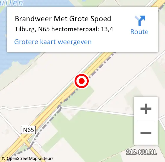 Locatie op kaart van de 112 melding: Brandweer Met Grote Spoed Naar Tilburg, N65 hectometerpaal: 13,4 op 27 oktober 2023 06:53