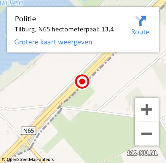 Locatie op kaart van de 112 melding: Politie Tilburg, N65 hectometerpaal: 13,4 op 27 oktober 2023 06:53