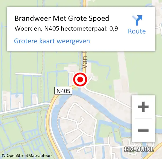 Locatie op kaart van de 112 melding: Brandweer Met Grote Spoed Naar Woerden, N405 hectometerpaal: 0,9 op 27 oktober 2023 07:31