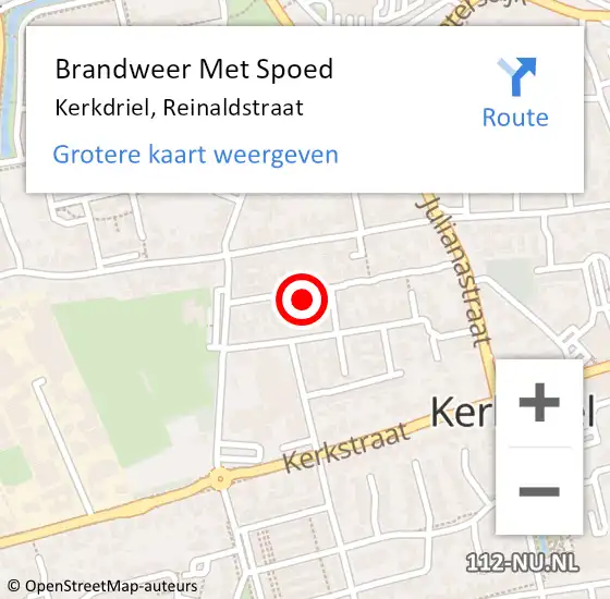 Locatie op kaart van de 112 melding: Brandweer Met Spoed Naar Kerkdriel, Reinaldstraat op 27 oktober 2023 08:02