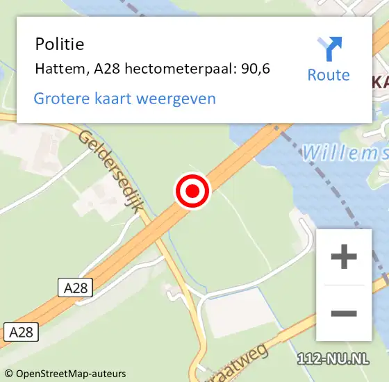 Locatie op kaart van de 112 melding: Politie Hattem, A28 hectometerpaal: 90,6 op 27 oktober 2023 08:41