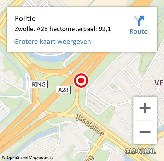 Locatie op kaart van de 112 melding: Politie Zwolle, A28 hectometerpaal: 92,1 op 27 oktober 2023 09:05