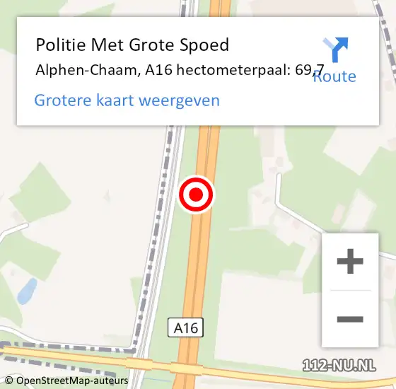 Locatie op kaart van de 112 melding: Politie Met Grote Spoed Naar Alphen-Chaam, A16 hectometerpaal: 69,7 op 27 oktober 2023 11:05