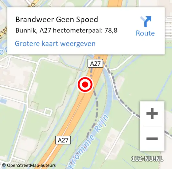 Locatie op kaart van de 112 melding: Brandweer Geen Spoed Naar Bunnik, A27 hectometerpaal: 78,8 op 27 oktober 2023 11:07