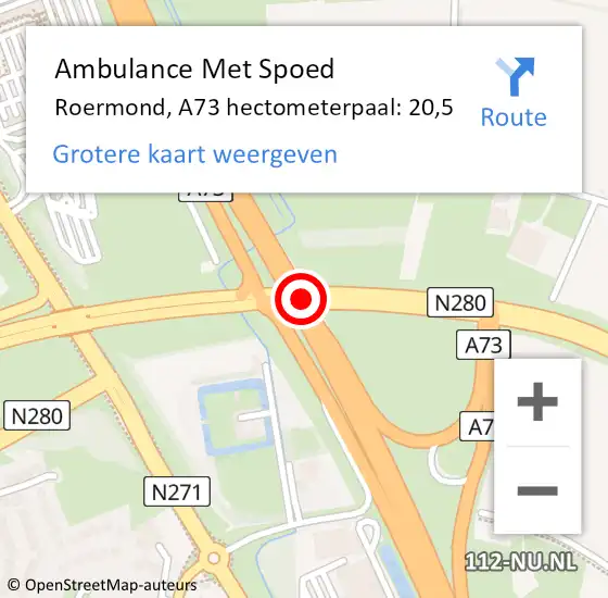Locatie op kaart van de 112 melding: Ambulance Met Spoed Naar Roermond, A73 hectometerpaal: 20,5 op 27 oktober 2023 11:37