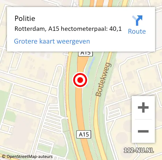 Locatie op kaart van de 112 melding: Politie Rotterdam, A15 hectometerpaal: 40,1 op 27 oktober 2023 12:13