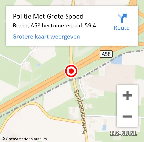 Locatie op kaart van de 112 melding: Politie Met Grote Spoed Naar Breda, A58 hectometerpaal: 59,4 op 27 oktober 2023 14:47