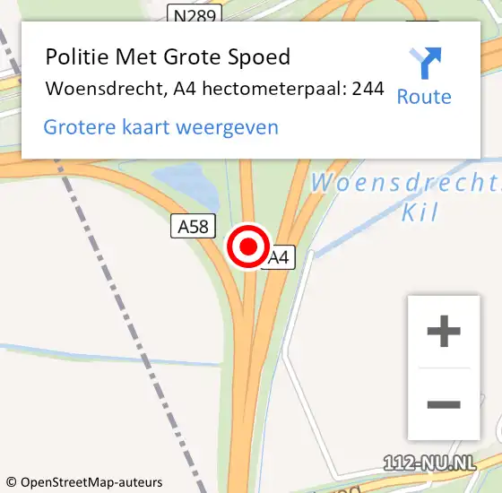 Locatie op kaart van de 112 melding: Politie Met Grote Spoed Naar Woensdrecht, A4 hectometerpaal: 244 op 27 oktober 2023 14:56