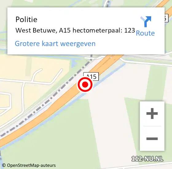 Locatie op kaart van de 112 melding: Politie West Betuwe, A15 hectometerpaal: 123 op 27 oktober 2023 15:19