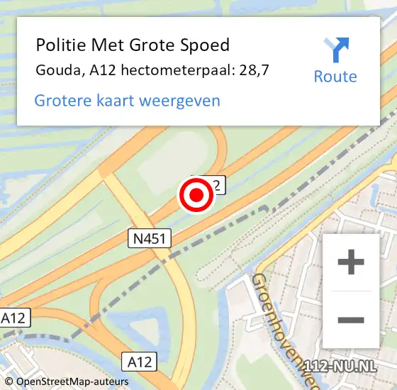 Locatie op kaart van de 112 melding: Politie Met Grote Spoed Naar Gouda, A12 hectometerpaal: 28,7 op 27 oktober 2023 15:47