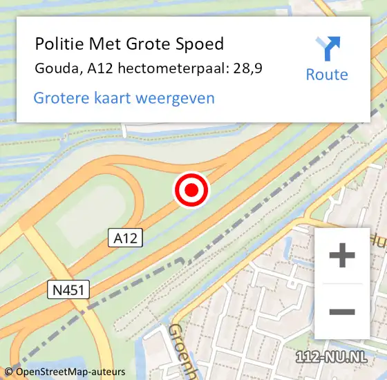 Locatie op kaart van de 112 melding: Politie Met Grote Spoed Naar Gouda, A12 hectometerpaal: 28,9 op 27 oktober 2023 15:50