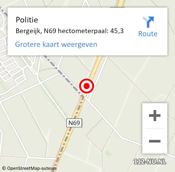 Locatie op kaart van de 112 melding: Politie Bergeijk, N69 hectometerpaal: 45,3 op 27 oktober 2023 16:05