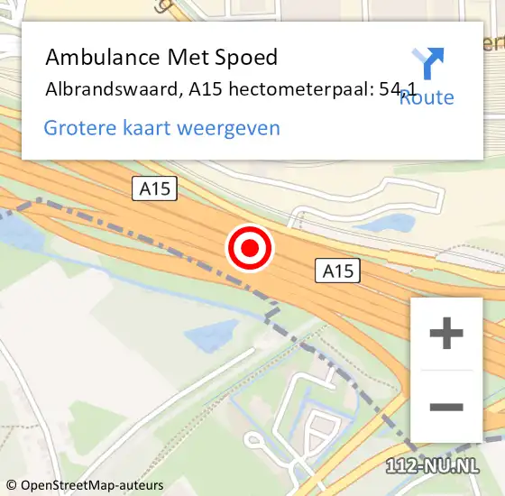 Locatie op kaart van de 112 melding: Ambulance Met Spoed Naar Albrandswaard, A15 hectometerpaal: 54,1 op 27 oktober 2023 18:08