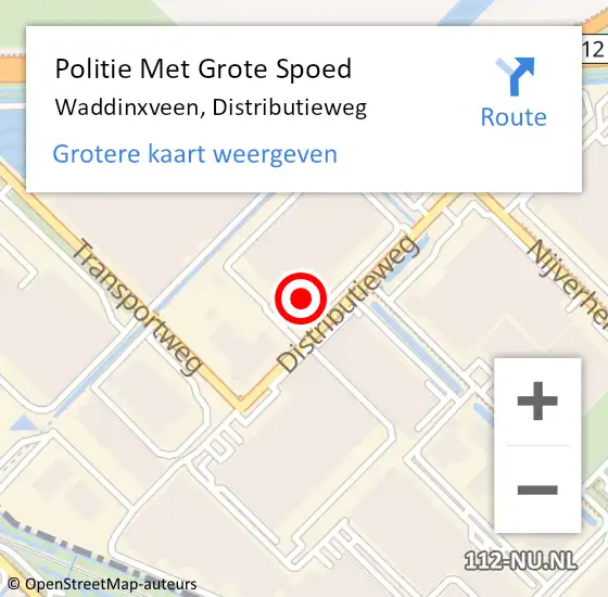 Locatie op kaart van de 112 melding: Politie Met Grote Spoed Naar Waddinxveen, Distributieweg op 27 oktober 2023 18:09