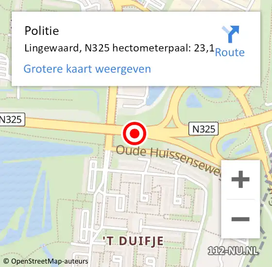 Locatie op kaart van de 112 melding: Politie Lingewaard, N325 hectometerpaal: 23,1 op 27 oktober 2023 19:02