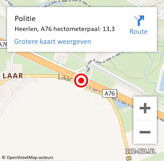 Locatie op kaart van de 112 melding: Politie Heerlen, A76 hectometerpaal: 13,3 op 27 oktober 2023 20:42