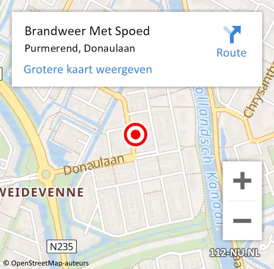 Locatie op kaart van de 112 melding: Brandweer Met Spoed Naar Purmerend, Donaulaan op 28 oktober 2023 01:52