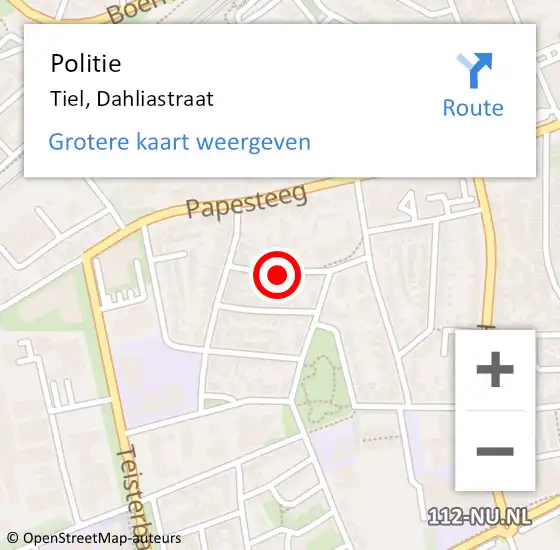 Locatie op kaart van de 112 melding: Politie Tiel, Dahliastraat op 28 oktober 2023 08:18