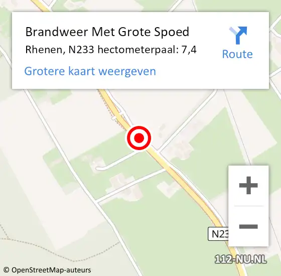 Locatie op kaart van de 112 melding: Brandweer Met Grote Spoed Naar Rhenen, N233 hectometerpaal: 7,4 op 28 oktober 2023 08:55