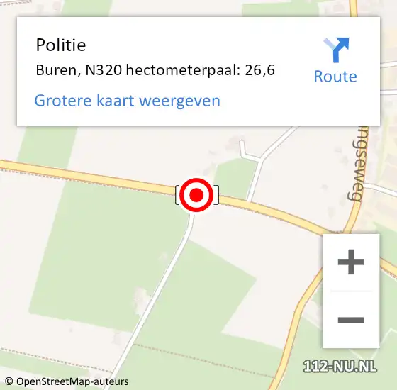 Locatie op kaart van de 112 melding: Politie Buren, N320 hectometerpaal: 26,6 op 28 oktober 2023 13:35