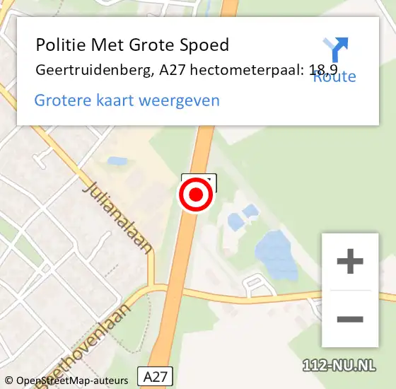 Locatie op kaart van de 112 melding: Politie Met Grote Spoed Naar Geertruidenberg, A27 hectometerpaal: 18,9 op 28 oktober 2023 14:26