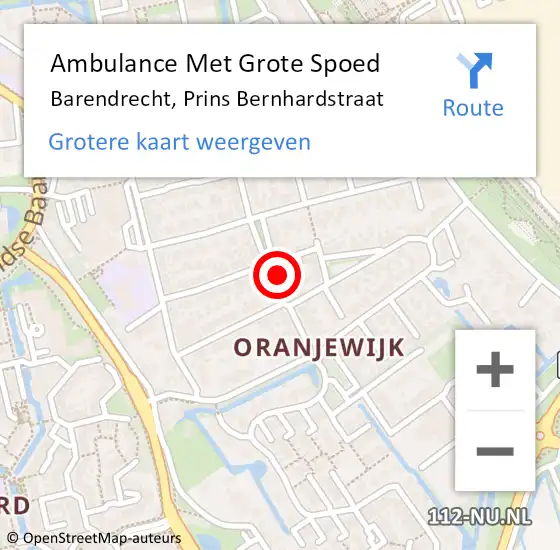 Locatie op kaart van de 112 melding: Ambulance Met Grote Spoed Naar Barendrecht, Prins Bernhardstraat op 28 oktober 2023 14:34