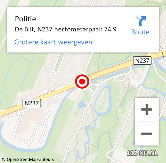 Locatie op kaart van de 112 melding: Politie De Bilt, N237 hectometerpaal: 74,9 op 28 oktober 2023 15:28
