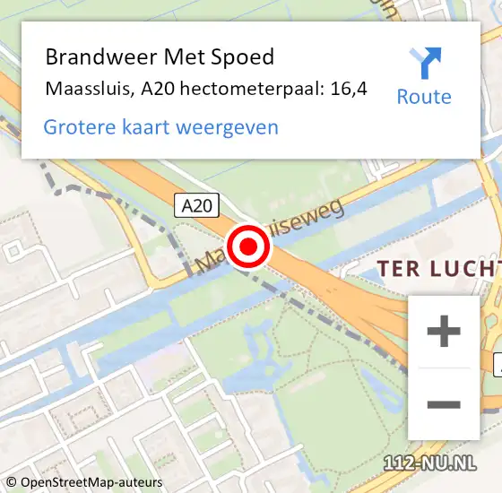 Locatie op kaart van de 112 melding: Brandweer Met Spoed Naar Maassluis, A20 hectometerpaal: 16,4 op 28 oktober 2023 18:17