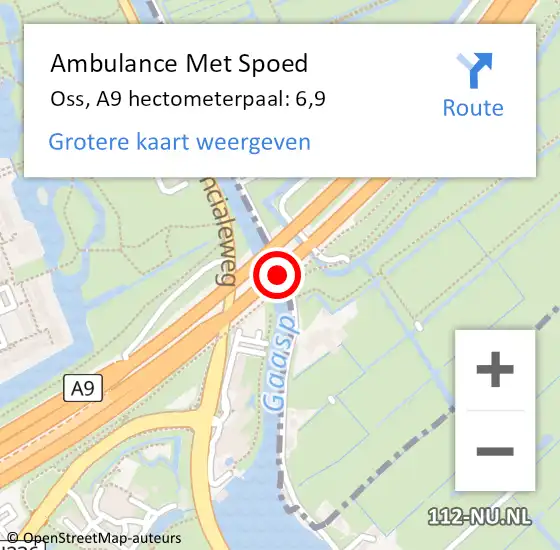 Locatie op kaart van de 112 melding: Ambulance Met Spoed Naar Oss, A9 hectometerpaal: 6,9 op 28 oktober 2023 18:46