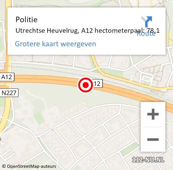 Locatie op kaart van de 112 melding: Politie Utrechtse Heuvelrug, A12 hectometerpaal: 78,1 op 28 oktober 2023 20:02