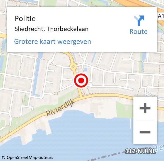 Locatie op kaart van de 112 melding: Politie Sliedrecht, Thorbeckelaan op 28 oktober 2023 21:07