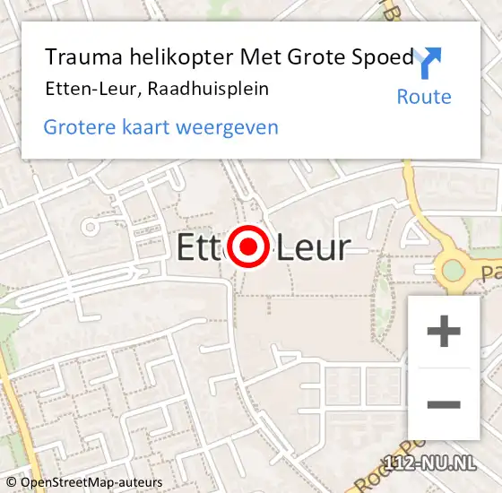 Locatie op kaart van de 112 melding: Trauma helikopter Met Grote Spoed Naar Etten-Leur, Raadhuisplein op 28 oktober 2023 21:18