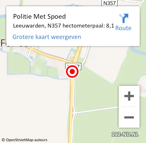Locatie op kaart van de 112 melding: Politie Met Spoed Naar Leeuwarden, N357 hectometerpaal: 8,1 op 28 oktober 2023 23:31