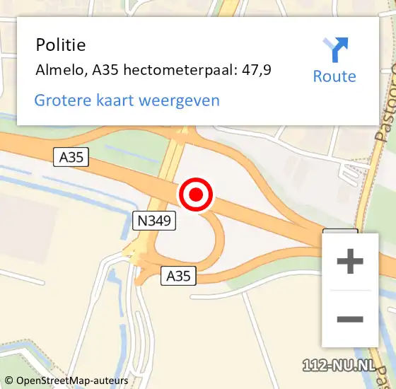 Locatie op kaart van de 112 melding: Politie Almelo, A35 hectometerpaal: 47,9 op 28 oktober 2023 23:35