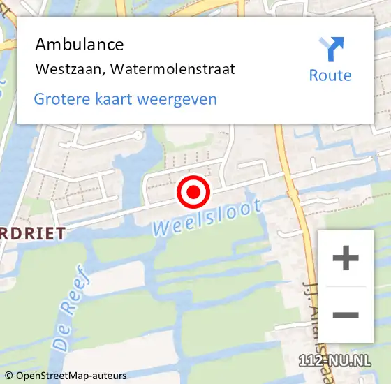 Locatie op kaart van de 112 melding: Ambulance Westzaan, Watermolenstraat op 28 oktober 2023 23:36