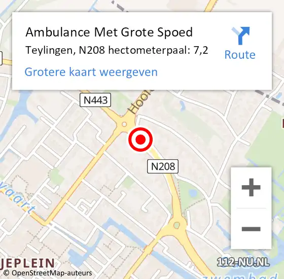 Locatie op kaart van de 112 melding: Ambulance Met Grote Spoed Naar Teylingen, N208 hectometerpaal: 7,2 op 29 oktober 2023 02:41