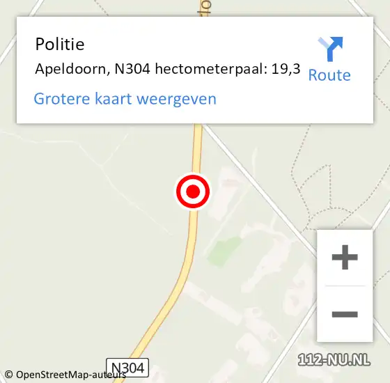 Locatie op kaart van de 112 melding: Politie Apeldoorn, N304 hectometerpaal: 19,3 op 29 oktober 2023 04:10