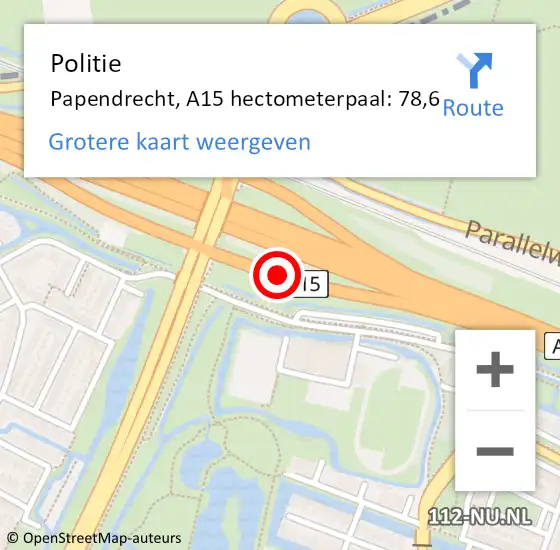 Locatie op kaart van de 112 melding: Politie Papendrecht, A15 hectometerpaal: 78,6 op 29 oktober 2023 07:59