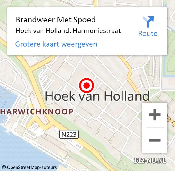 Locatie op kaart van de 112 melding: Brandweer Met Spoed Naar Hoek van Holland, Harmoniestraat op 29 oktober 2023 09:31