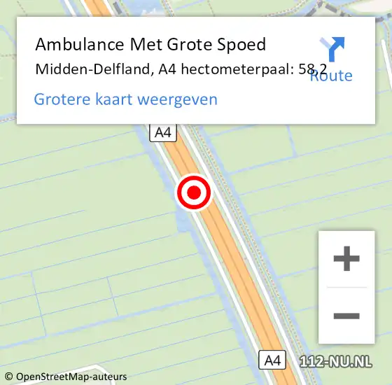 Locatie op kaart van de 112 melding: Ambulance Met Grote Spoed Naar Midden-Delfland, A4 hectometerpaal: 58,2 op 29 oktober 2023 16:47