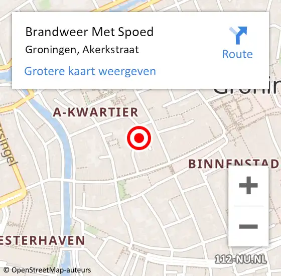 Locatie op kaart van de 112 melding: Brandweer Met Spoed Naar Groningen, Akerkstraat op 29 oktober 2023 17:44