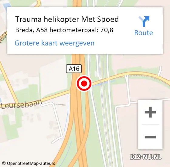 Locatie op kaart van de 112 melding: Trauma helikopter Met Spoed Naar Breda, A58 hectometerpaal: 70,8 op 29 oktober 2023 18:14