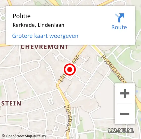 Locatie op kaart van de 112 melding: Politie Kerkrade, Lindenlaan op 29 oktober 2023 19:06