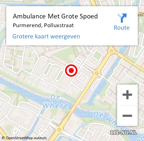 Locatie op kaart van de 112 melding: Ambulance Met Grote Spoed Naar Purmerend, Polluxstraat op 29 oktober 2023 19:38