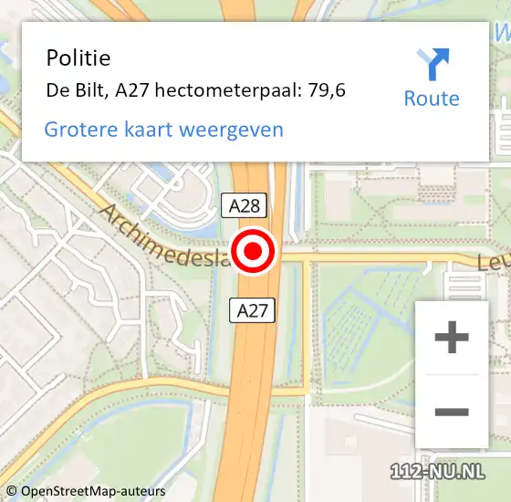 Locatie op kaart van de 112 melding: Politie De Bilt, A27 hectometerpaal: 79,6 op 29 oktober 2023 19:42