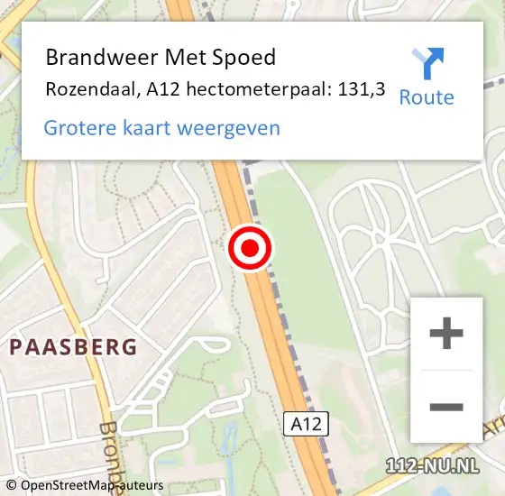 Locatie op kaart van de 112 melding: Brandweer Met Spoed Naar Rozendaal, A12 hectometerpaal: 131,3 op 29 oktober 2023 19:43