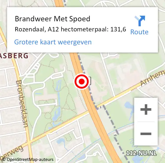 Locatie op kaart van de 112 melding: Brandweer Met Spoed Naar Rozendaal, A12 hectometerpaal: 131,6 op 29 oktober 2023 20:02