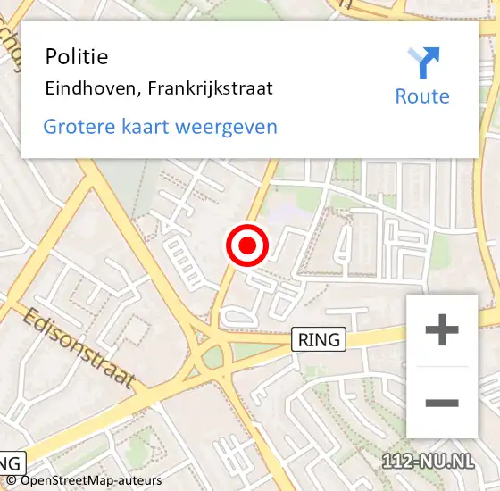 Locatie op kaart van de 112 melding: Politie Eindhoven, Frankrijkstraat op 29 oktober 2023 22:14